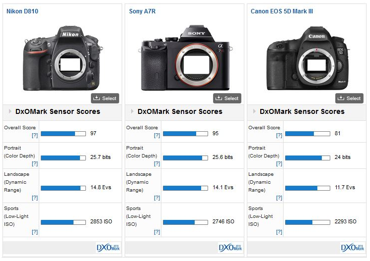Компания DxO Labs провела научное исследование – сравнение матриц трёх полнокадровых фотокамер